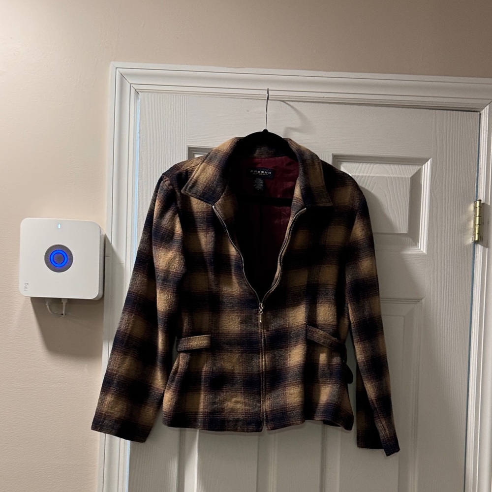 Women's Plaid Zip-Front Pea Coat in Brown and Black